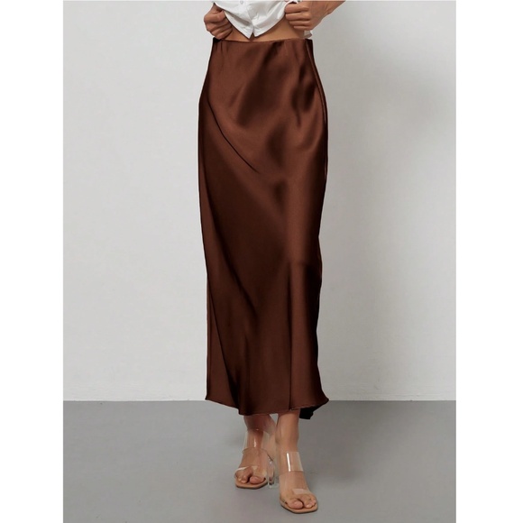 Brown Satin A-Line Skirt High Waisted Long - Picture 8 of 10